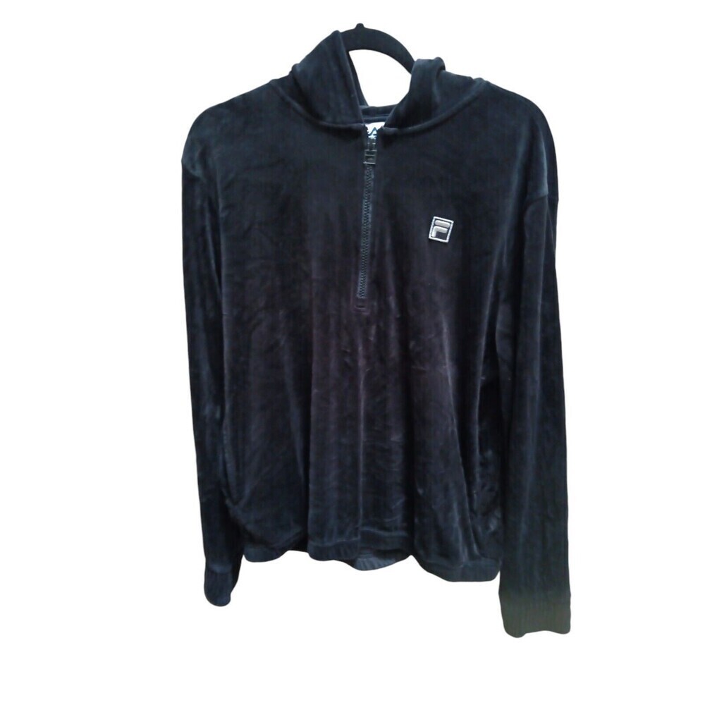 Fila Women Velour‎ 1/2 Zip Hooded Sweater Elastic waistband Black size XL